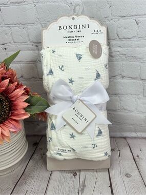 NWT bonbini Muslin Fleece Baby Blanket nautical sailboat anchor coastal beach